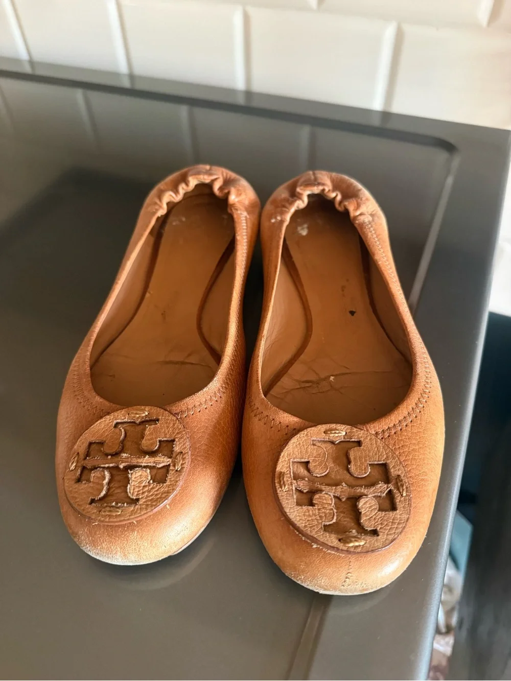 Tory Burch Girls Brown Leather Logo Ballet Flats